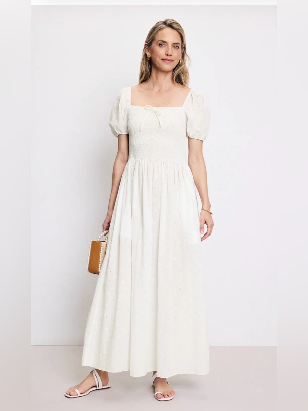 SOLID & STRIPED White Puff-Sleeve Smocked Maxi Corinna Dress